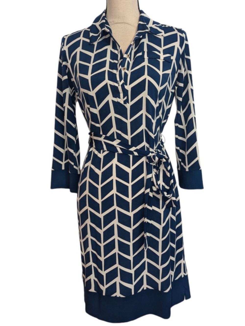 Donna Morgan Navy and White Long-Sleeve Tie-Waist Shirt Dress